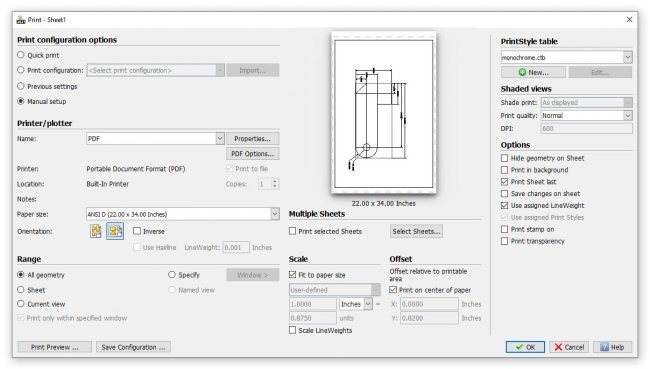 screen showing print configurations options