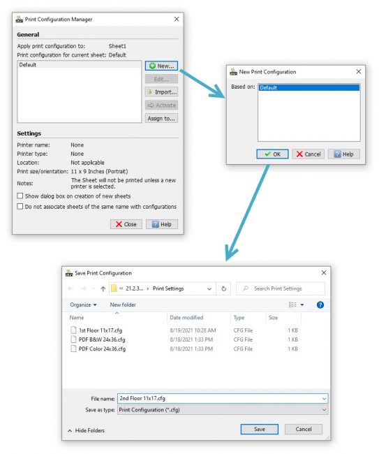screen showing workflow for print configuration manager and save print configuration